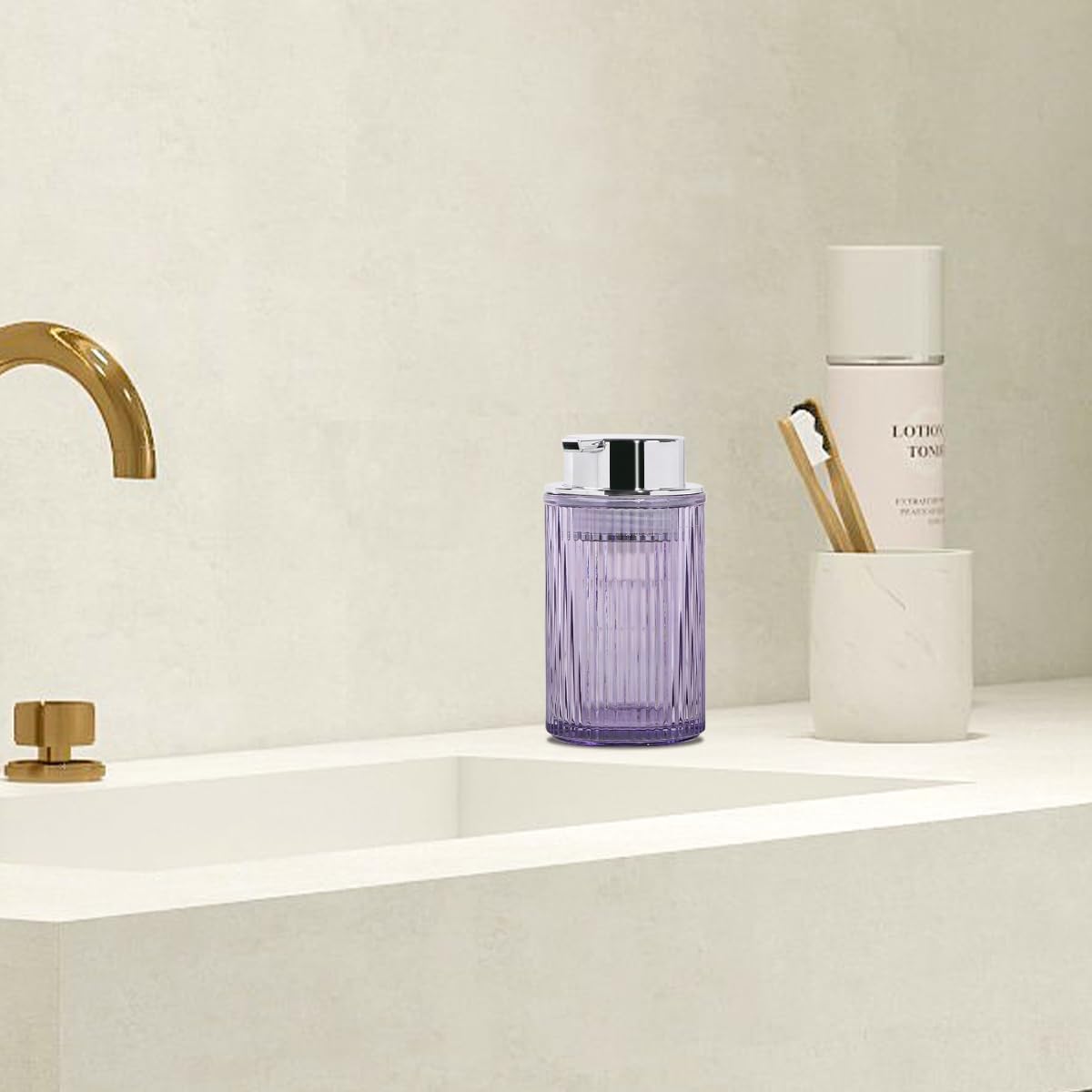 Foaming Soap Dispenser, 11 Oz Thick Glass Foam Hand Soap Dispenser, Refillable Glass Foam Pump Bottle Container Decorative Slim Ribbed Bottle for Bathroom and Kitchen (1, Purple Silver)