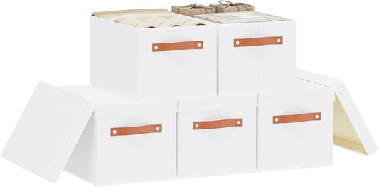 Fabric Storage Bins, Clothes Boxes for Shelves with Lids, Baskets for Organizing with Handles, Decorative Linen Closet Organizers, White, 5 Pack, 15 x 9.8 x 8.3 Inch