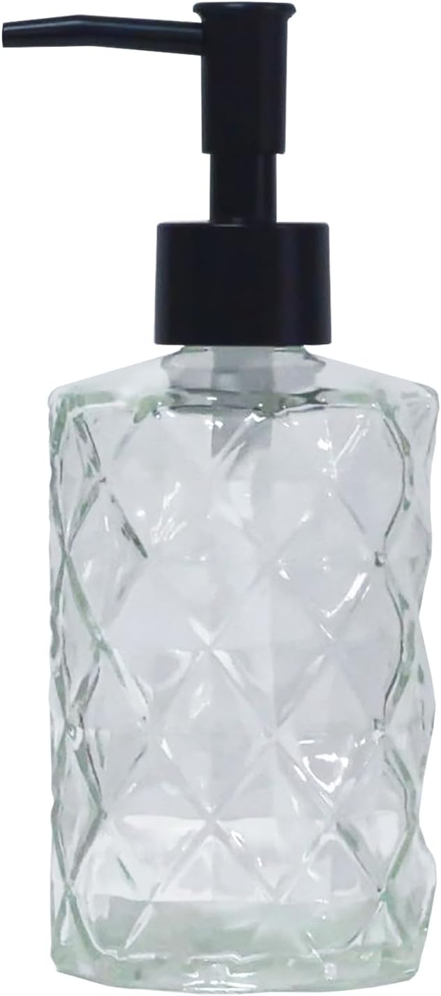 Crystal Glass Soap Dispenser, 12oz Clear Bathroom Hand Dispenser, Lotion Dispenser with Black Plastic Pump for Modern Home Decor, Kitchen Countertop, Hotel