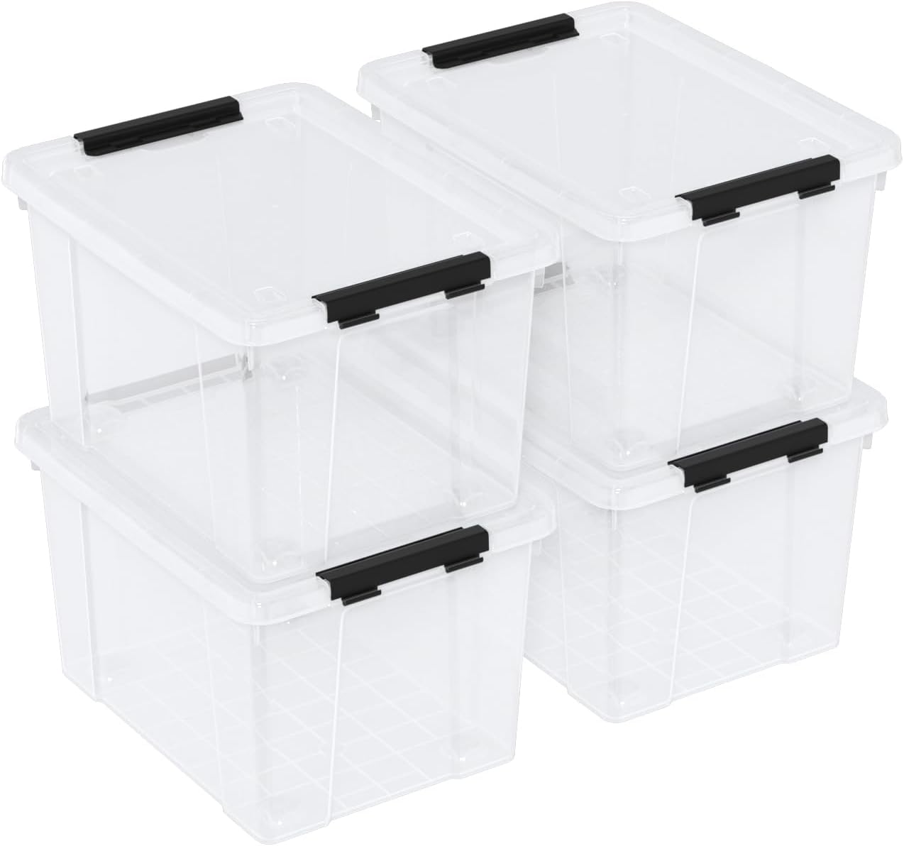 23 L Clear Plastic Storage Box with Lid, Stackable Lidded Storage Bin Container with Wheels and Secure Latching Buckles, 4 Packs