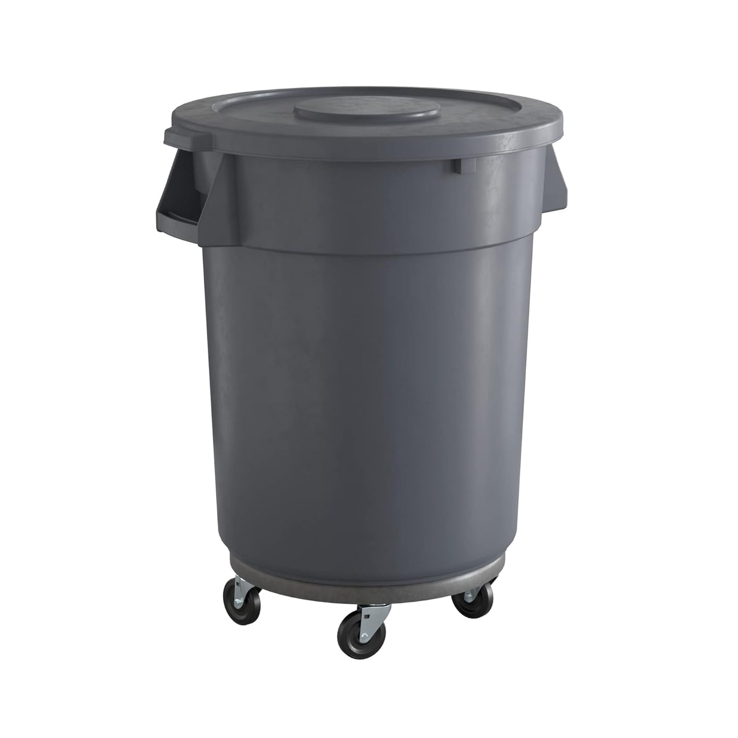 32 Gallon Gray Round Commercial Trash Can with Lid and Dolly