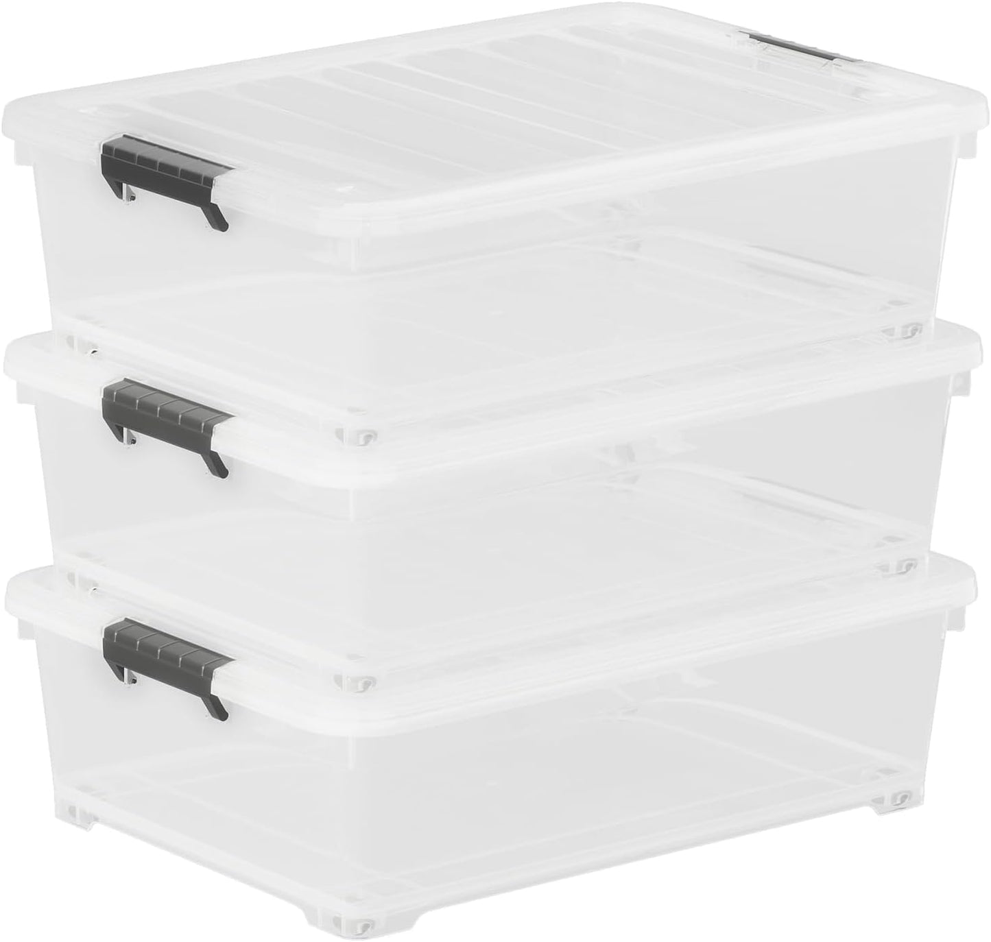25 Quart Clear Plastic Latch Storage Box with Wheels, Under Bed Storage Box, 3 Pack