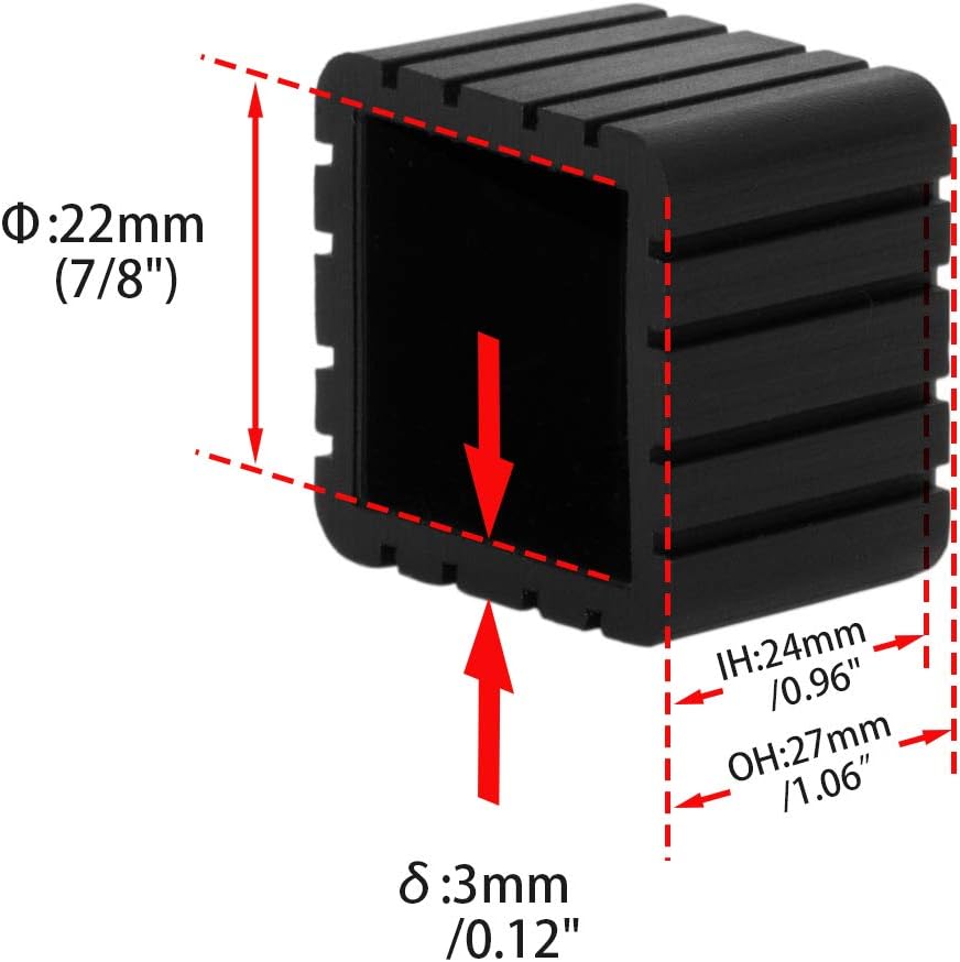 Flyshop Anti-Skid Non-Marking Synthetic Rubber Patio Chair Table Leg Caps Square Furniture Covers 20pcs, Black, 22 mm x 22 mm, 7/8" x 7/8"