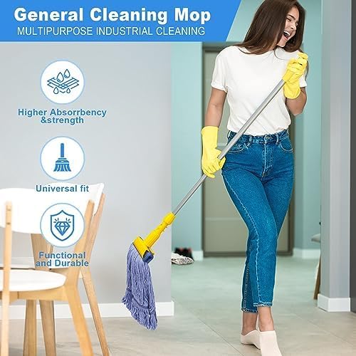 Pack of 6 Heavy Duty Commercial Looped End Cotton Mop,String Cotton Mop Refill Heads for Industrial,Residential and Most Floor Cleaning-Wet Industrial Blue String Mop Replacements Head