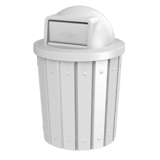 42 Gallon Slated Circle 100% Recycled Plastic Heavy Duty Outdoor Trash Can with Push Open Dome Lid and Internal Liner - Great for Schools and Businesses - White