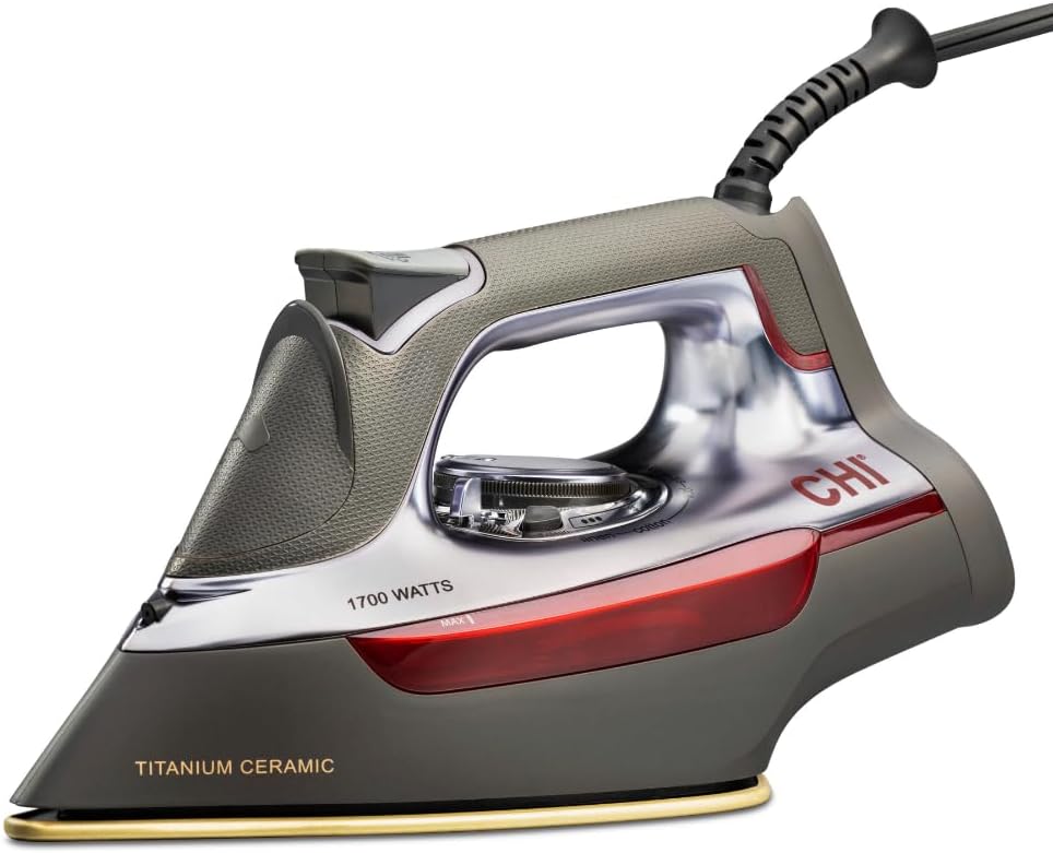 CHI Steam Iron for Clothes with 300+ Holes for Powerful Steaming, Temperature Guide Dial, 1700 Watts, XL 10’ Cord, 3-Way Auto Shutoff, Titanium Infused Ceramic Soleplate, Silver (13101)
