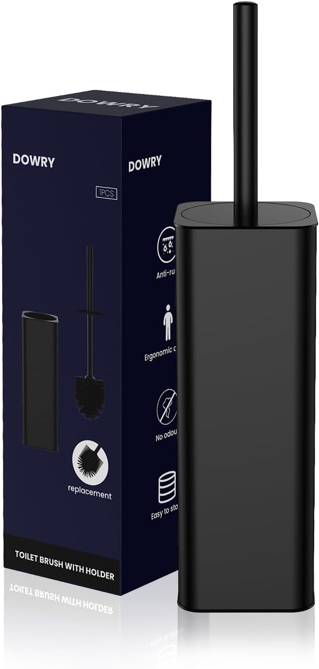 DOWRY Toilet Bowl Brush and Holder for Bathroom Storage Organization Deep Cleaning Covered Brush Cleaner Black Toilet Brush with 2 Brush Holders,Black Square