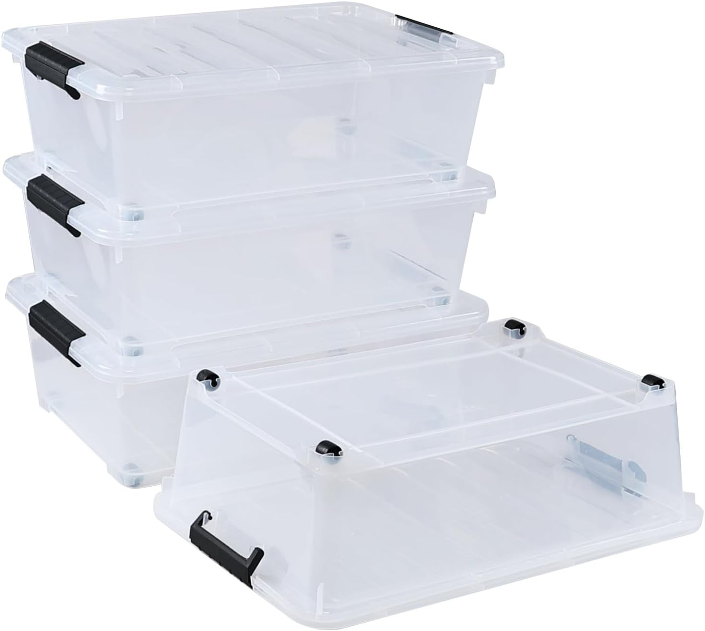 20 Quart Stackable Plastic Under Bed Bins with Lid, Set of 4 Clear Latch Storage Container with Wheels