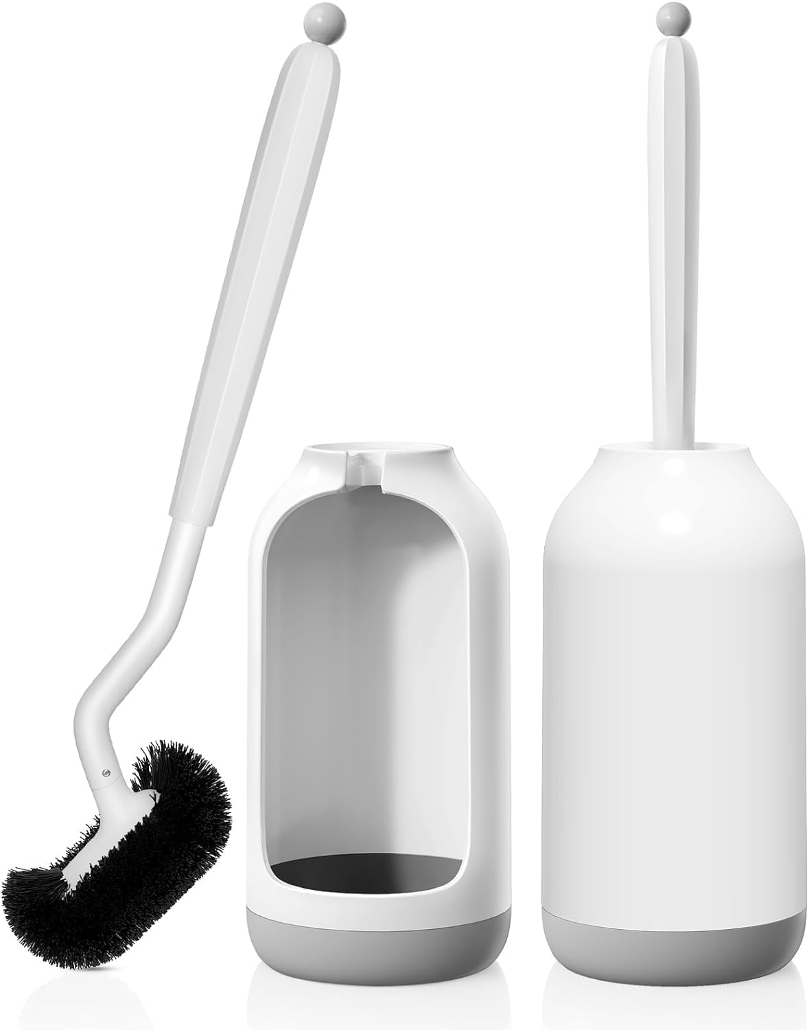 HAMITOR Toilet Bowl Brush Holder Set: 2 Pack Bathroom Deep Cleaning Toilet Cleaner Scrubber Under Rim with Curved Bristle for Dead Corner Clean - Hidden Rv Toilet Decorative Accessories with Caddy