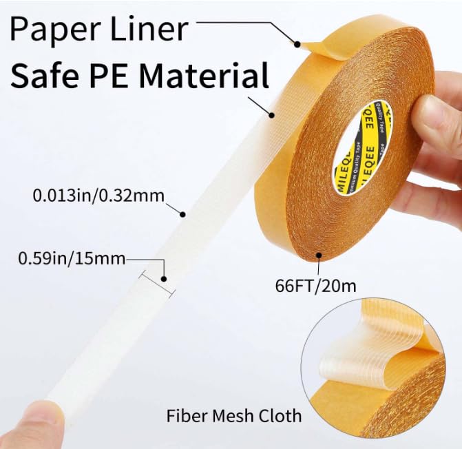 Double Sided Tape Heavy Duty, 0.59" x 66FT, Universal High Tack Strong Wall Adhesive with Fiberglass Mesh, Super Sticky Resistente Clear Tape, Easy Use Mounting Tape for School Office Home