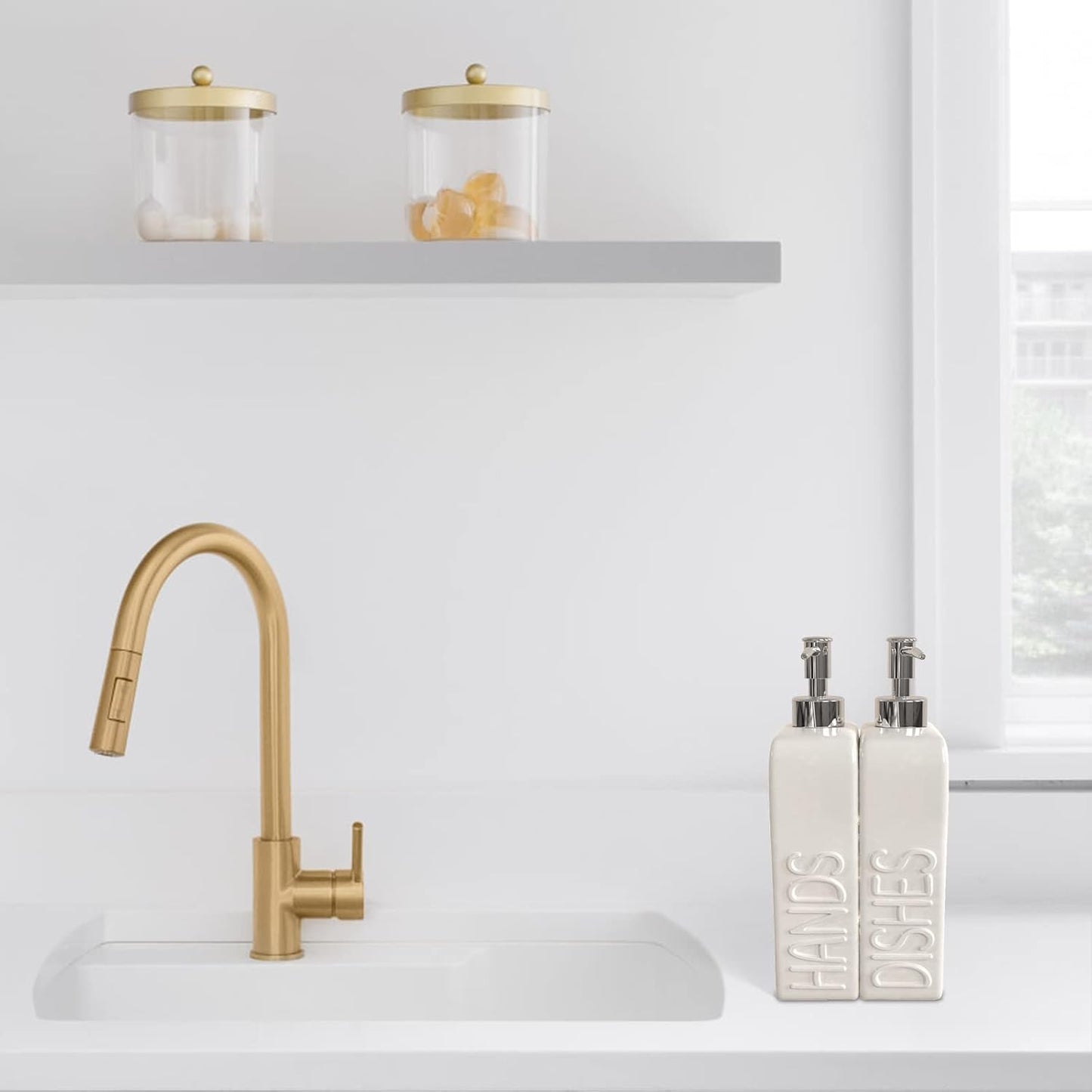 Soap Dispenser Set with Stainless Steel Pump, 2 Pack Ceramic Refillable Dish Soap and Hand Soap Dispenser for Kitchen, Bathroom, Matte White