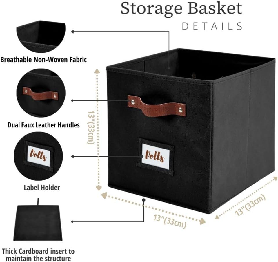 DECOMOMO Storage Cubes, 13x13x13 Storage Cube Bins with Labels, Fabric Organizer Bins (13" / 6pcs, Black)