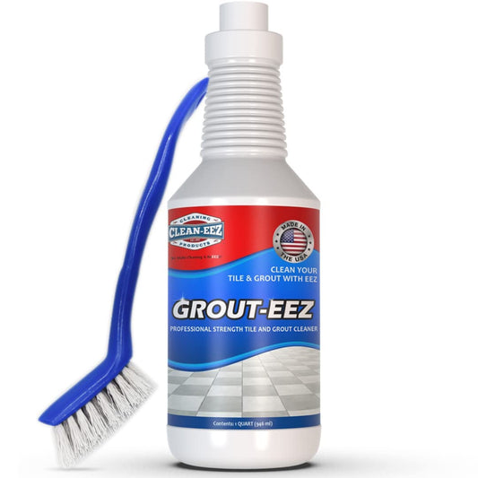 Clean-eez Grout-eez Tile Cleaner with Handheld Brush – 32 oz Heavy-Duty Stain Remover for Ceramic and Porcelain Surfaces – Safe for Colored Grout – Not for Natural Stone – Bathroom & Kitchen Use