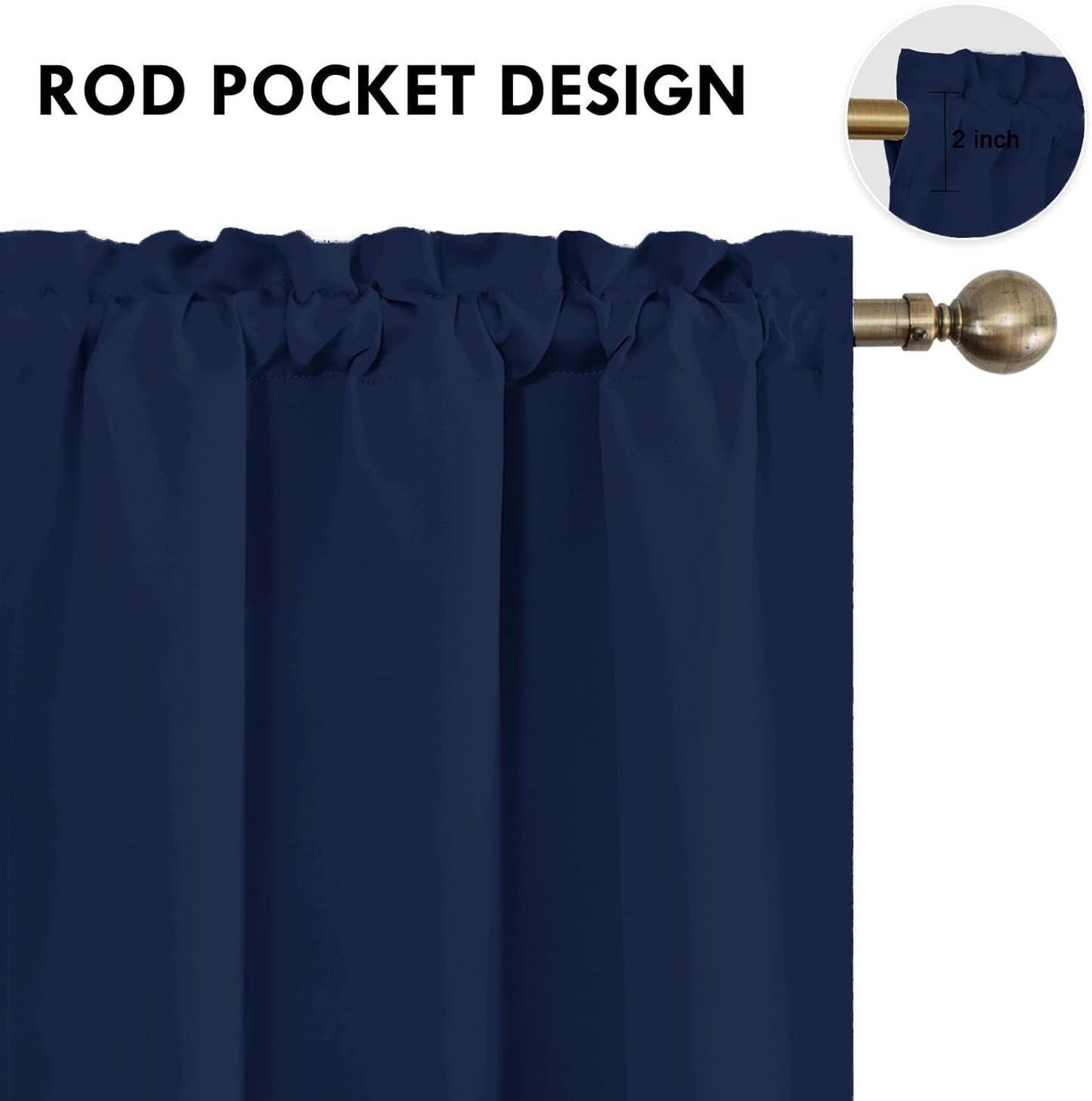 DWCN Navy Blue Blackout Curtains for Bedroom 63 Inches Long 2 Panels Set Window Drapes Thermal Insulated Room Darkening Rod Pocket Curtains for Kids Boys Room (W38 x L63 Inch, Navy Blue)