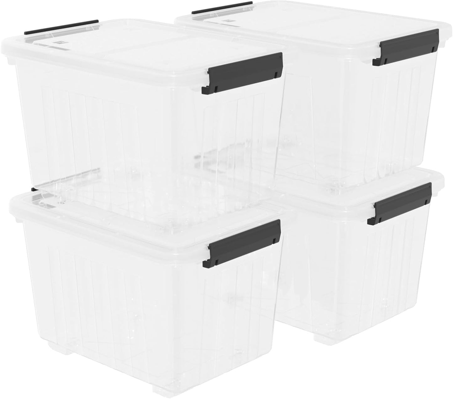 30 Quart Plastic Clear Storage Bin with Wheels, Plastic Latching Bins with Lids, 4 Packs