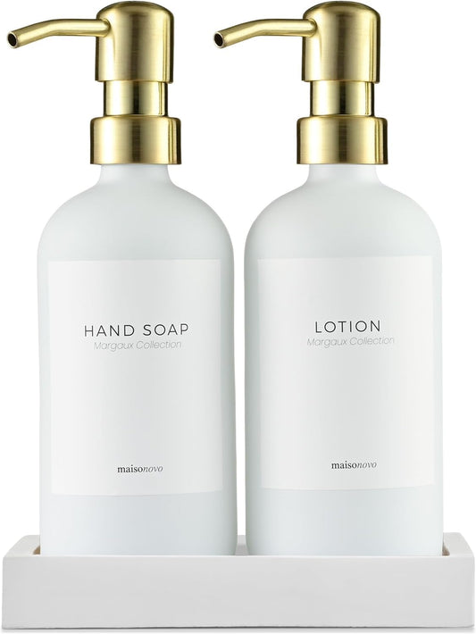 MaisoNovo Soap Dispenser 3-Piece Set | 16.9oz White Bottles with Gold Stainless Steel Pumps