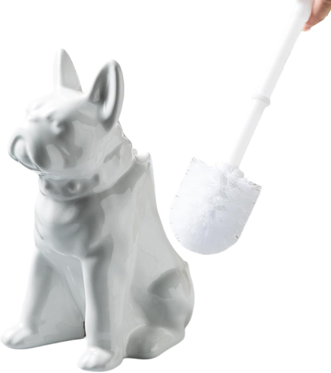 Comeon Ceramic Dog White/Black Toilet Brush and Holder Set, Plastic Handled Scrub Brush for Bathroom Cleaning,13.7"*6.3" (White)