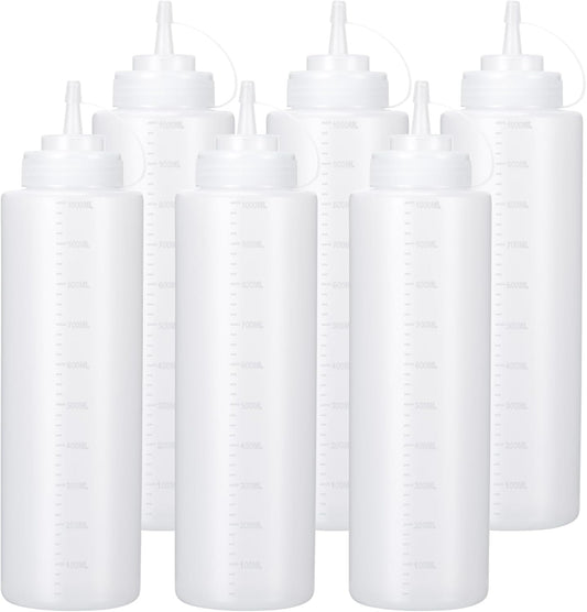 Condiment Squeeze Bottles Ketchup Dispenser, 6 Pack 32oz Squeeze Bottles for Liquids, Plastic Sauce Bottle with Cap Lid, Squirt Bottles for Sauces Liquids BBQ Dressing Pancake Art