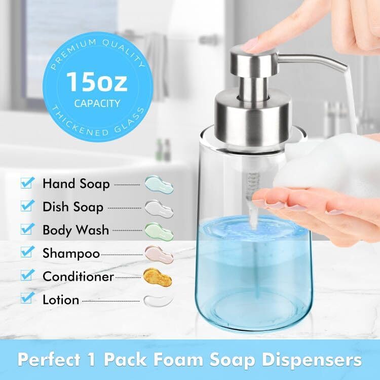 Thick Glass Soap Dispenser with Rust Proof Stainless Steel Pump, Clear Foam Soap Dispenser with Wide Opening for Kitchen and Bathroom（15 Oz）