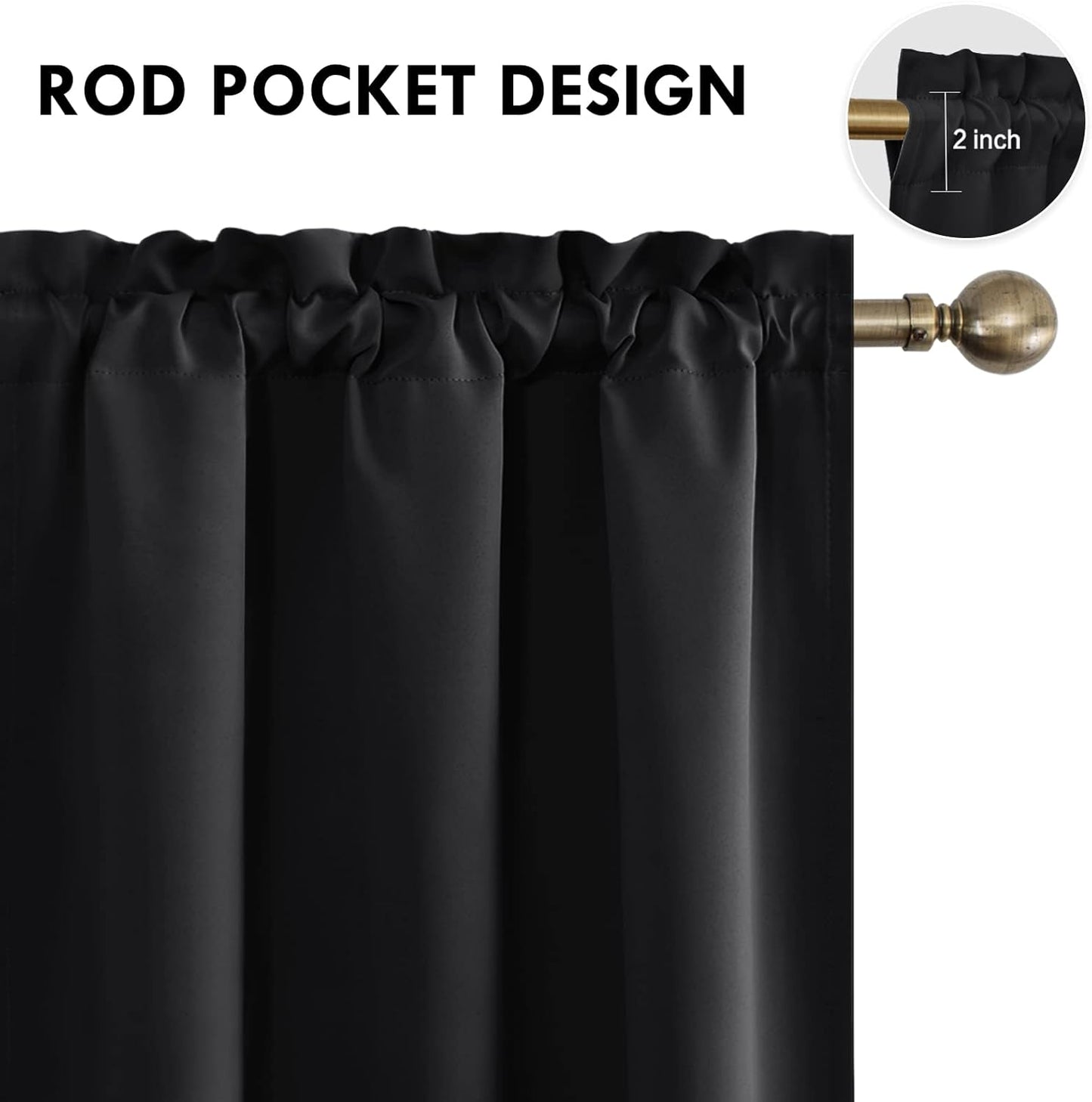 DWCN Black Short Blackout Curtains for Small Window, Thermal Insulated Energy Saving Room Darkening Curtains for Kitchen/Bedroom (W42 x L36 inch, Set of 2 Panels, Top of Rod Pocket)