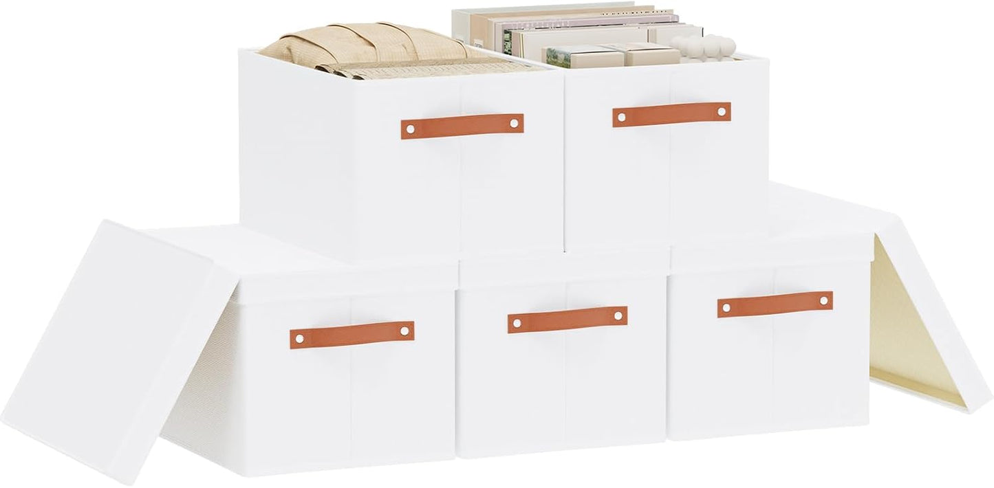 Fabric Storage Bins, Clothes Boxes for Shelves with Lids, 5 Pack Baskets for Organizing with Handles, Decorative Linen Closet Organizers, White, 16.5 x 11.8 x 10.2 Inch