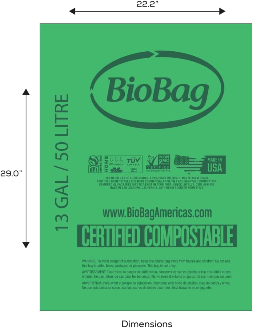 13 Gallon Tall Kitchen Compostable Trash Bags by BioBag, 48 Count, BPI Certified, Meets ASTM D6400 Standards, Made in USA, Food Scrap Bin Liners