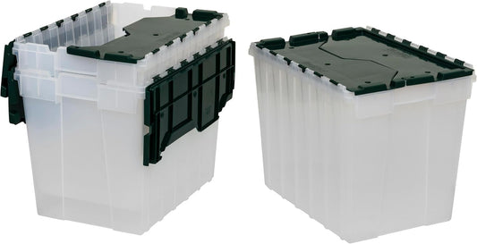 Akro-Mils KeepBox 18 Gallon Storage Container, Nesting and Stackable Plastic Storage Box with Lid Attached, Clear Tote for Garages, Closets, and Moving, 21" x 15" x 17", Clear/Green, 3-Pack