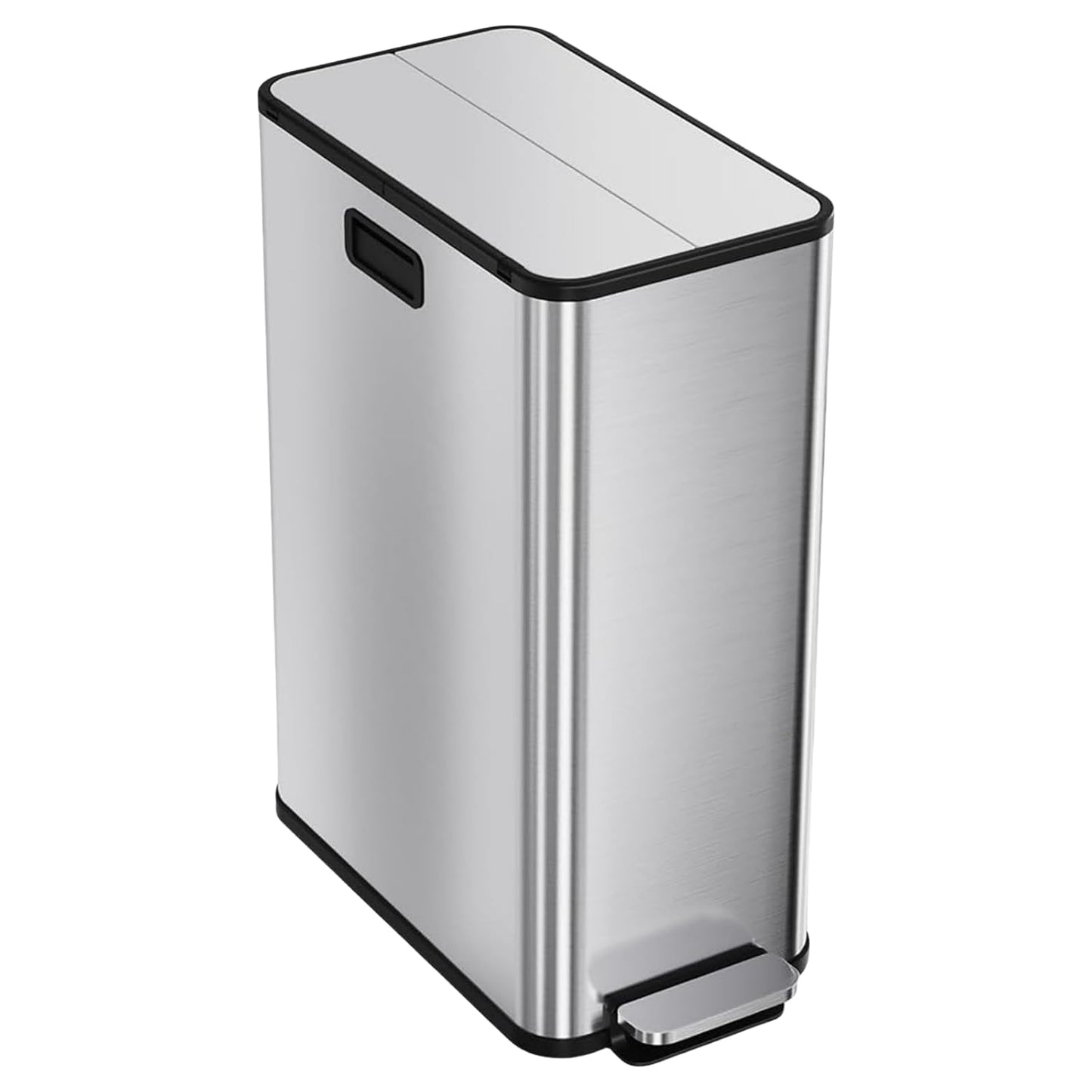 14.8 Gallon / 56L Kitchen Trash Can with Wing Lid, 2 x 7.4Gal Dual Compartments Slim Stainless Steel Garbage Can with 2 Removable Inner Buckets, Fingerprint-Proof Step Rubbish Bin With Soft-Close Lid