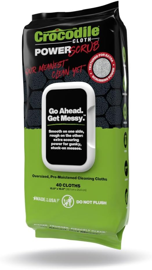 Crocodile Cloth PowerSCRUB - 40 (15" x 10") Heavy Duty Cleaning Wipes - Dual-Surface Cloths, Moist, Absorbent, & Disposable - Safe on Skin & Multiple Surfaces