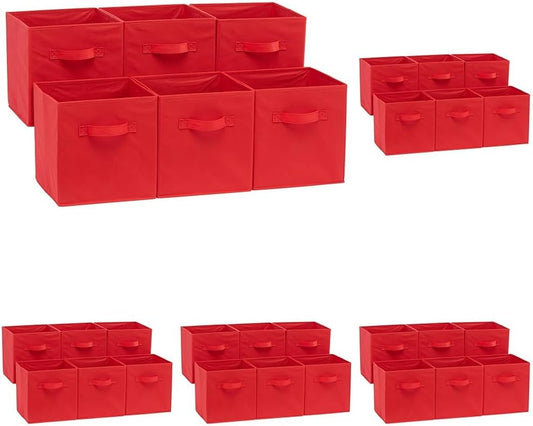 Amazon Basics Cube Organizer Storage Bins Handles, Collapsible Fabric, Pack of 30, 10.5"x10.5"x11", Red
