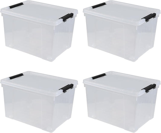 50 L Large Plastic Storage Bins with Latching Lids and Wheels, 4-Pack Clear Stackable Boxes for Closet, Garage
