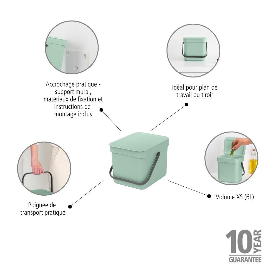 Brabantia Sort & Go Food Trash Can (1.6 Gal/Jade Green) Small Countertop Kitchen Compost Caddy with Handle & Removable Lid, Easy Clean, Fixtures Included for Wall/Cupboard Mounting