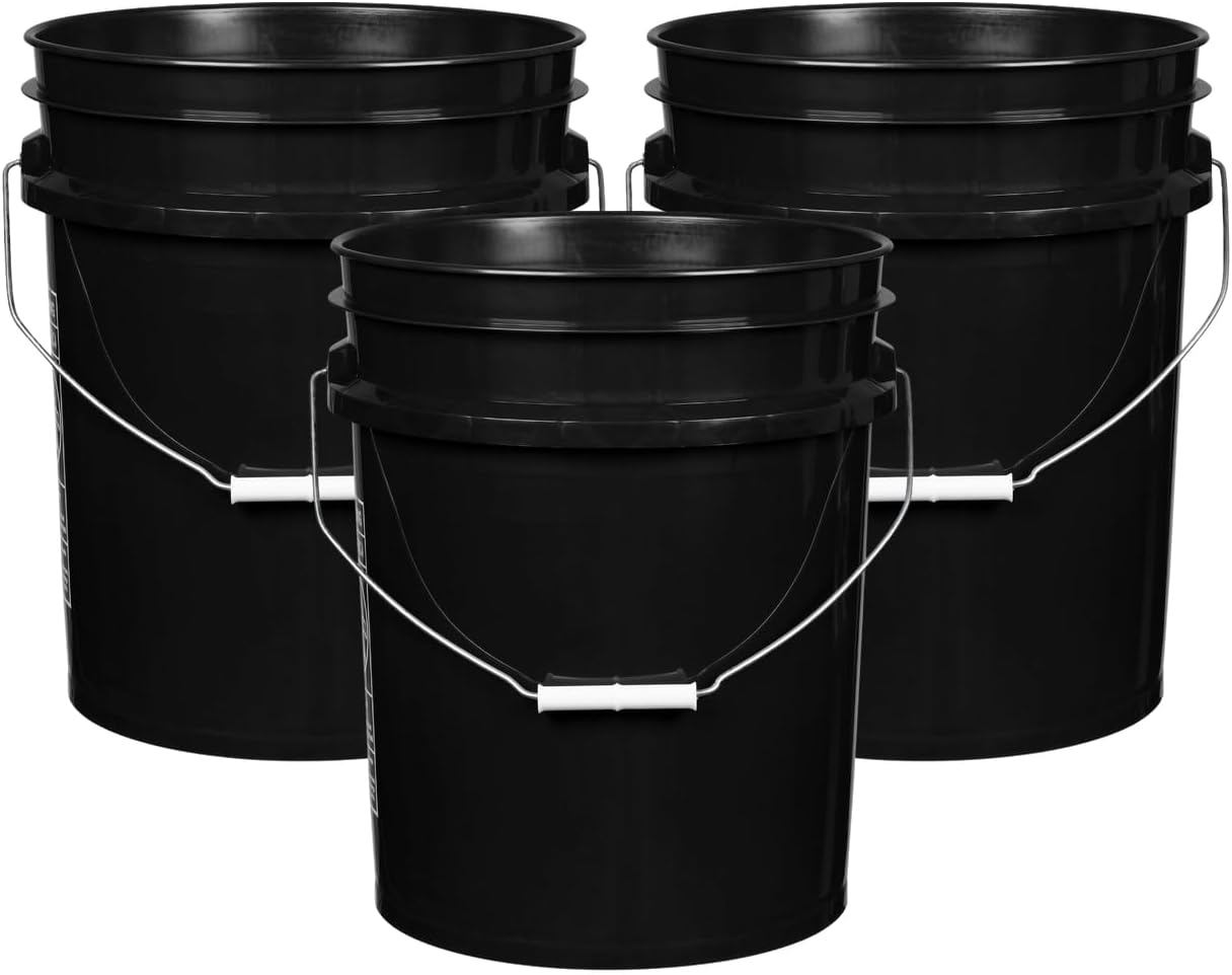 House Naturals 5 Gallon Premium HPDE Plastic Bucket - Made in USA Food Grade Storage Container, BPA Free All Purpose Pail (3, Black)