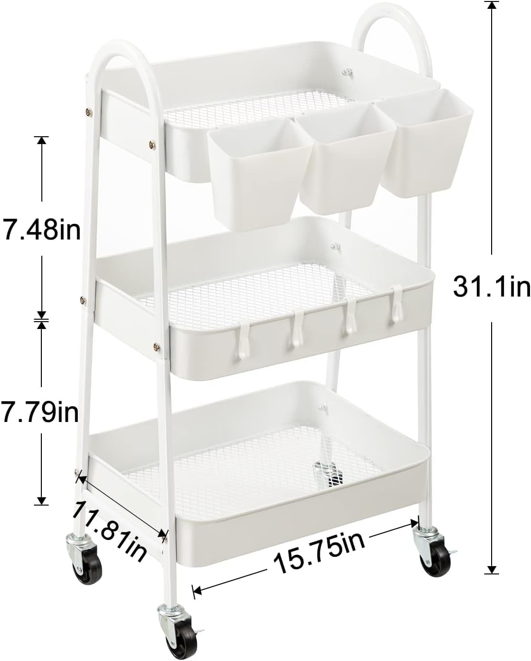 danpinera 3-Tier Rolling Cart, Metal Rolling Storage Cart with Lockable Wheels & Hanging Cups & Hooks, Mobile Trolley Cart for Kitchen, Bathroom, Office, Workshop, White