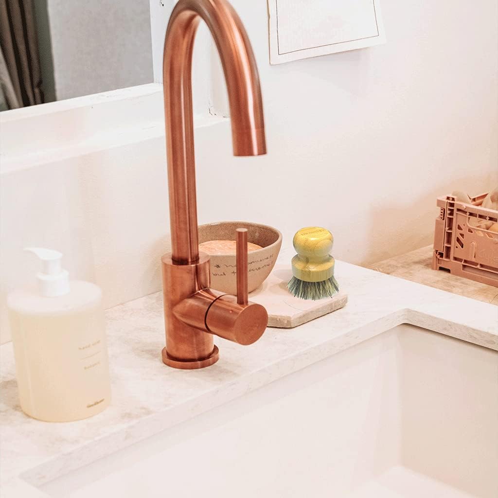 Bamboo Dish Brush with Ceramic Dish, Natural Bristle Palm Brush Pot Scrubber for Cast Iron Pans Vegetables and Kitchen Sink Cleaning - 2 Pack