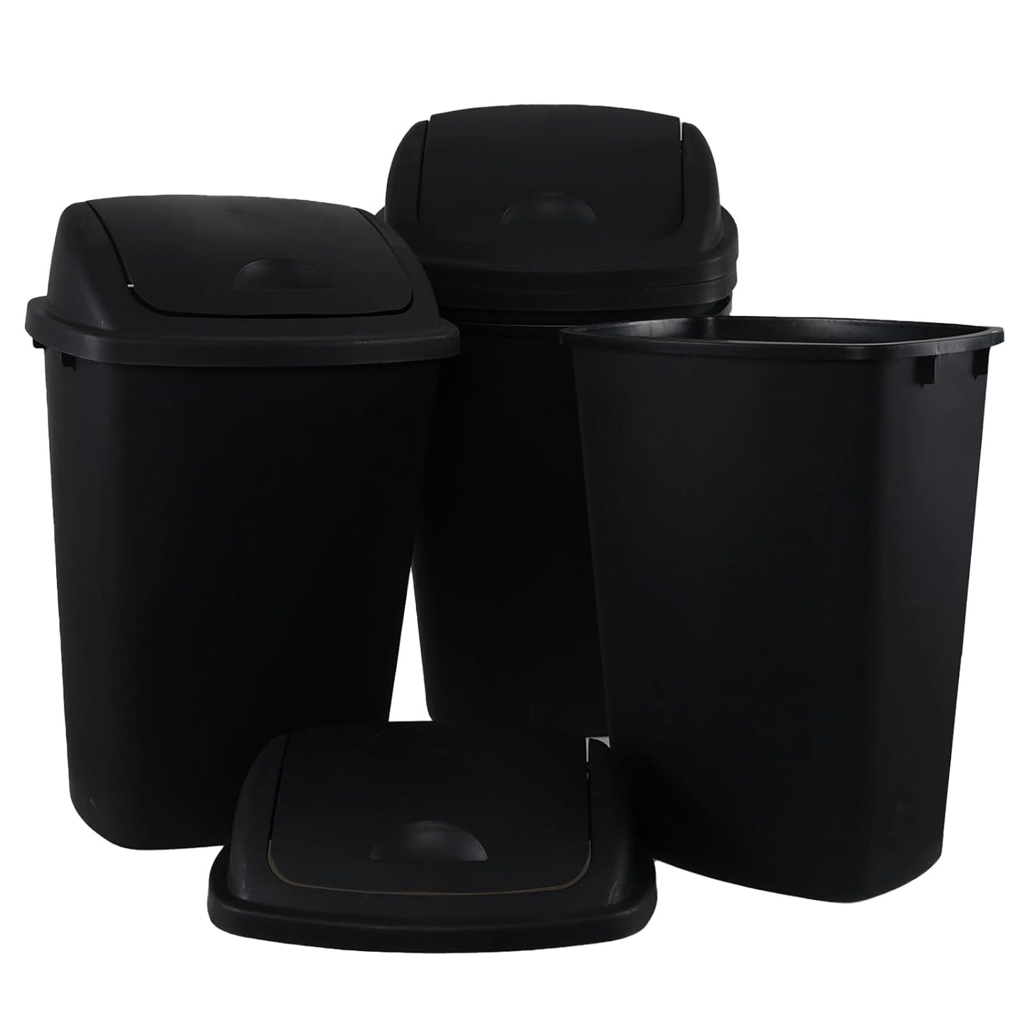 13 Gallon Swing Top Lid Garbage Cans, Large Plastic Kitchen Trash Can Set of 4, Black