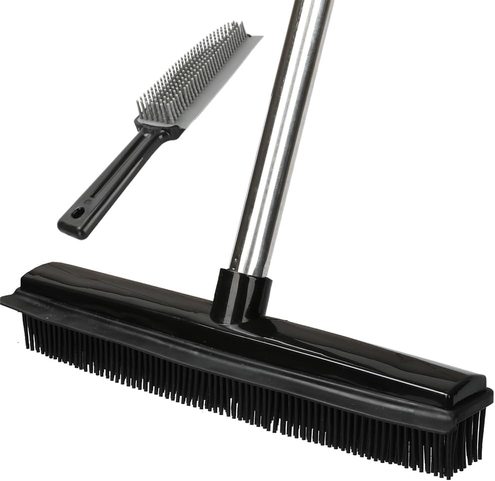Rubber Broom and Pet Hair Removal Brush Set for Carpet,Fur Remover Rake with Squeegee,Lint Brush for Pet Dog Cat Hair