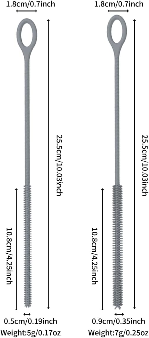 4PCS Silicone Straw Cleaner Brush, Reusable Straw Brush Extra Long for Cleaning Glass Metal Smoothie Straws and Cups, Non-Slip Handle Soft and Bendable, 2 PCS 6mm+2 PCS 9mm, Grey