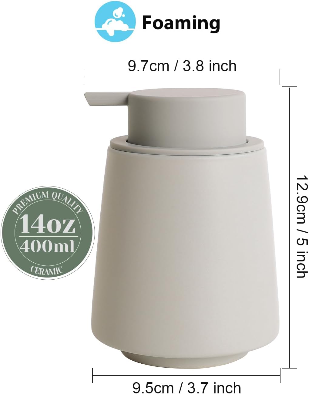 INGOFIN Ceramic Foaming Soap Dispenser -14 oz Foam Hand Soap Dispenser Bathroom, Modern Refillable Dish Wash Bottle for Kitchen with Large Pump, Matte Grey