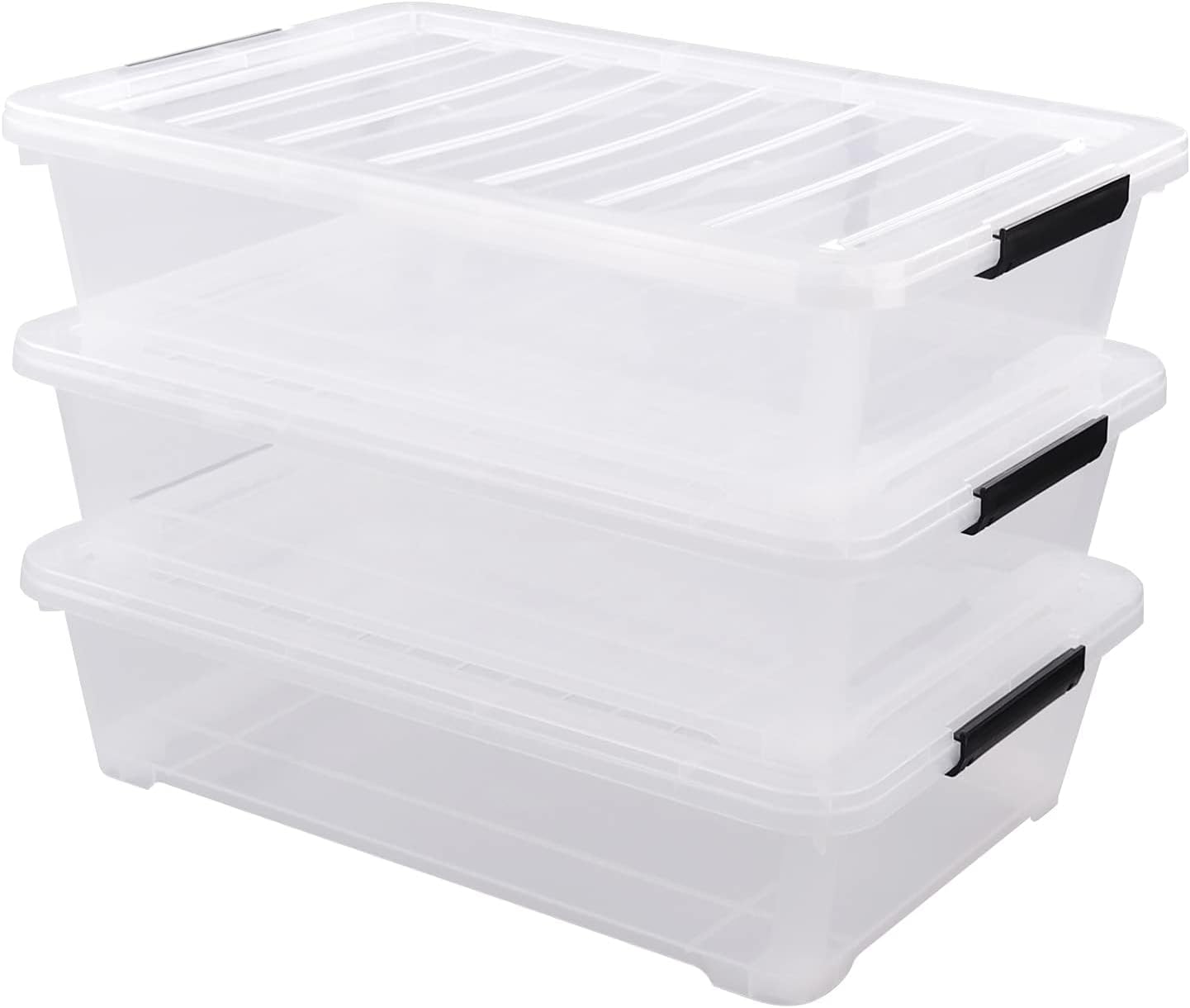 40 Quart Clear Plastic Underbed Storage Container, Wheeled Latching Storage Box for Shoes, Bags, Clothes, Set of 3