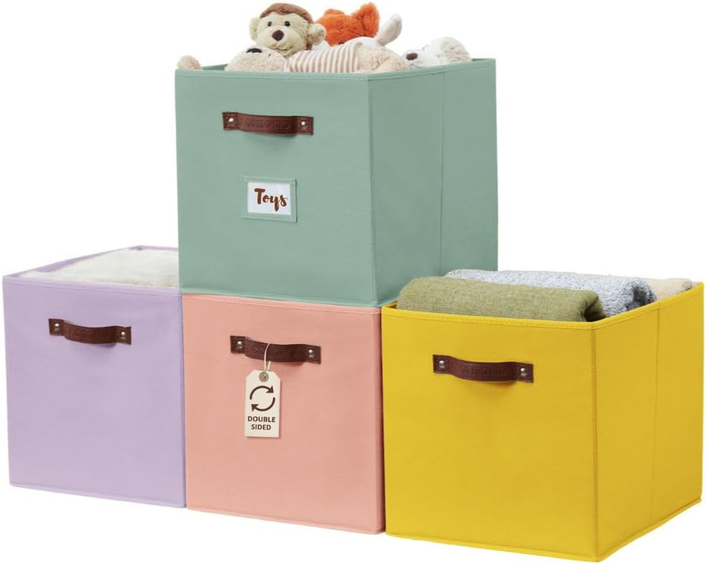 DECOMOMO Storage Baskets, 13x15x13 Storage Cube Bins with Labels for Organizing Shelves Kallax (Kallax / 4pcs, Rainbow)