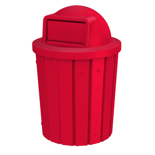 42 Gallon Slated Circle 100% Recycled Plastic Heavy Duty Outdoor Trash Can with Push Open Dome Lid and Internal Liner - Great for Schools and Businesses - Red