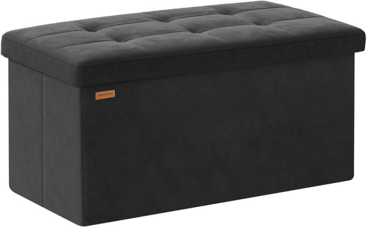 Folding Storage Ottoman, Velvet Storage Bench, Footrest, Removable Divider, for Living Room, Bedroom, 15 x 30 x 15 Inches, 660 lb Load Capacity, Ink Black UASND01B