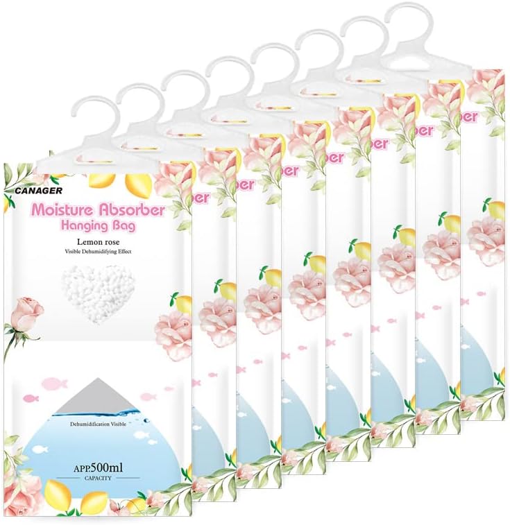 CANAGER Hanging Moisture Absorber, Lemon Rose Moistureproof Hanging Bag，Dehumidifier Bag (8 packs) Hanging Closet Dehumidifier Bags, Moisture Absorb 12.5 oz