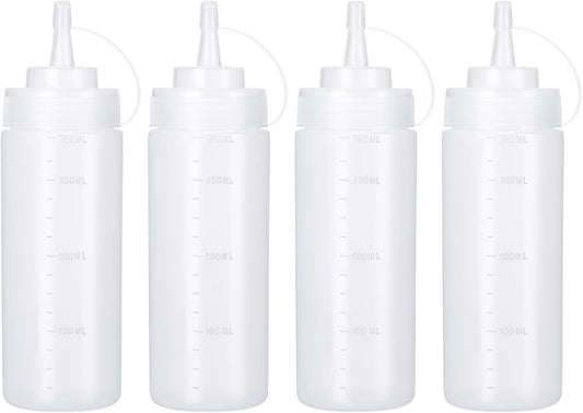 Condiment Squeeze Bottles Ketchup Dispenser, 4 Pack 12oz Squeeze Bottles for Liquids, Plastic Sauce Bottle with Cap Lid, Squirt Bottles for Sauces Liquids BBQ Dressing Pancake Art