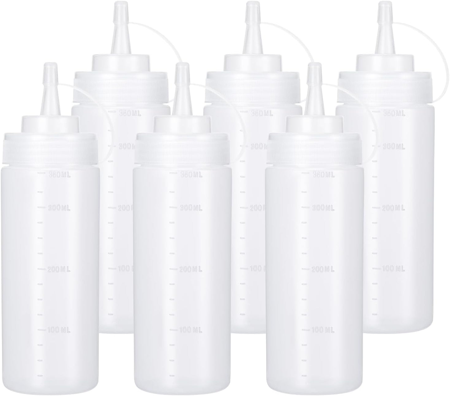 Condiment Squeeze Bottles Ketchup Dispenser, 6 Pack 12oz Squeeze Bottles for Liquids, Plastic Sauce Bottle with Cap Lid, Squirt Bottles for Sauces Liquids BBQ Dressing Pancake Art