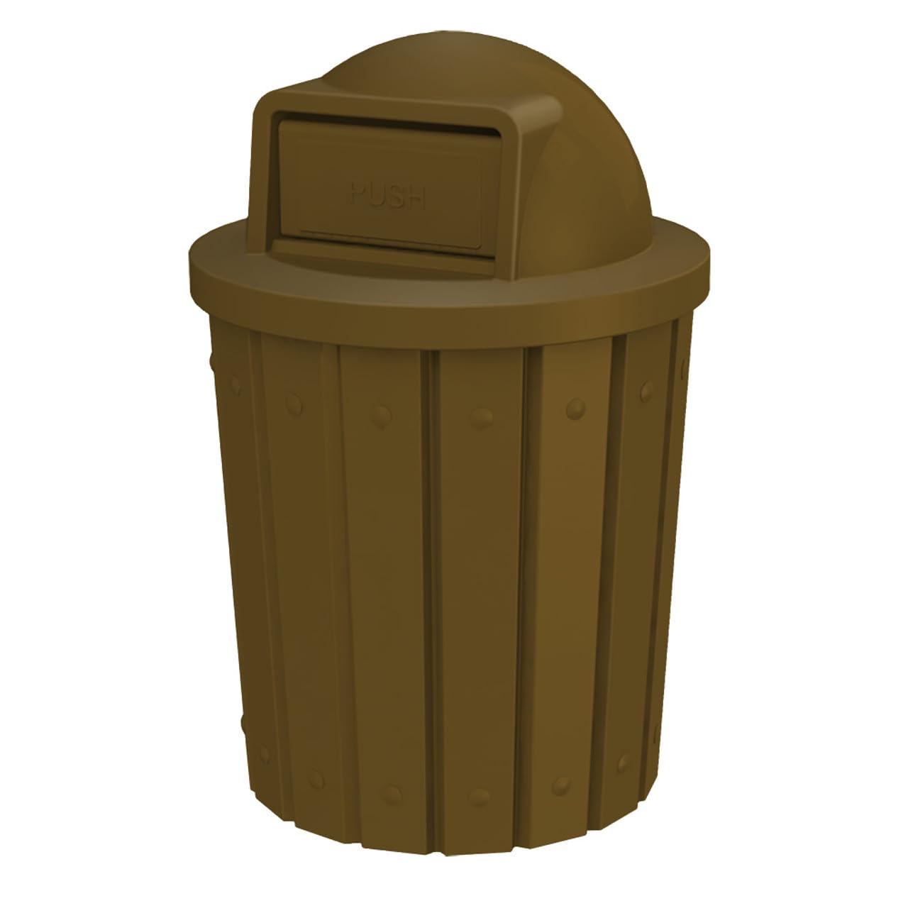 42 Gallon Slated Circle 100% Recycled Plastic Heavy Duty Outdoor Trash Can with Push Open Dome Lid and Internal Liner - Great for Schools and Businesses - Brown