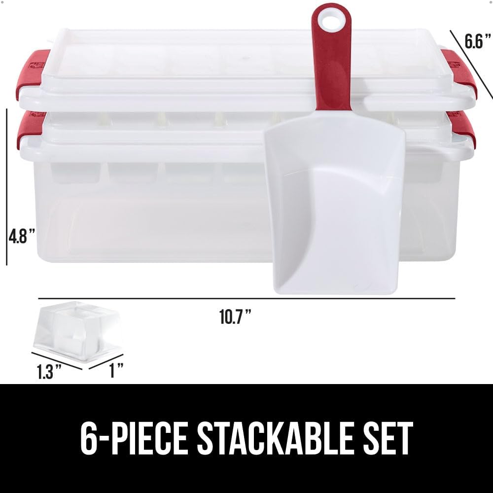GORILLA GRIP Stackable Ice Cube Tray and Bucket Set for Freezer, Includes 2 Trays with Lid and Scooper, Easy Release, Makes 56 Cubes for Cocktail Soda Coffee, Leak Proof Bin Kit, Kitchen Tools, Red