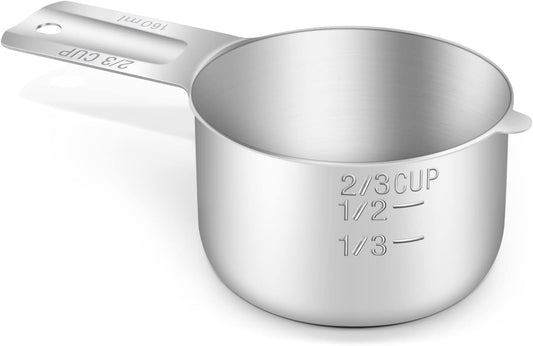 1PCS 2/3Cup (160ml, 5.3oz) Single Measuring Cup, Stainless Steel Measure Scoop, Metric and US Measurement, Dishwasher Safe