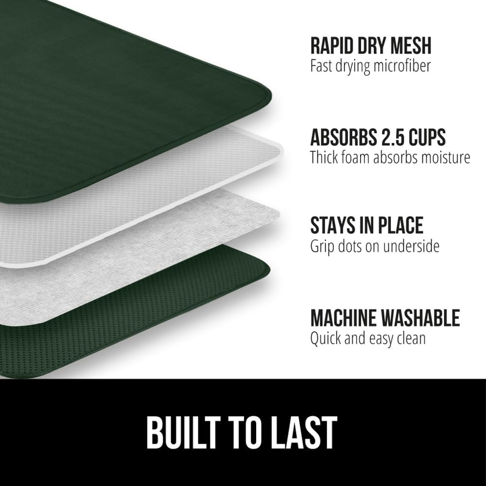 GORILLA GRIP Ultra Water Absorbent Microfiber Dish Drying Mat, 18x24, Quick Dry Thick Mesh, Slip Resistant Pad for Sink Dishes Under Rack, Kitchen Counter Accessories, Machine Wash, 2 PK Hunter Green